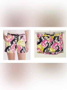 Banana Republic Milly Collection Pink, Lime & Black Scroll-Print Shorts Cotton